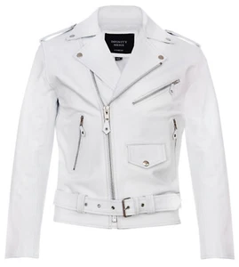 Men's Stylish Brando Casual White Leather Biker Jacket - Picture 1 of 5