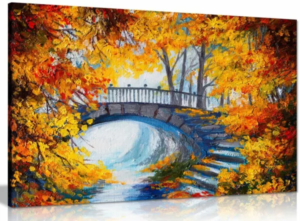 Abstract Oil Painting Autumn Forest Bridge Canvas Wall Art Picture Print