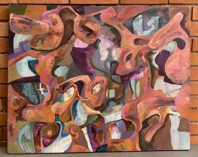 Pintura acrílica abstracta multicolor MCM vintage arte en lienzo mediados de siglo moderno Foto 1 de 4