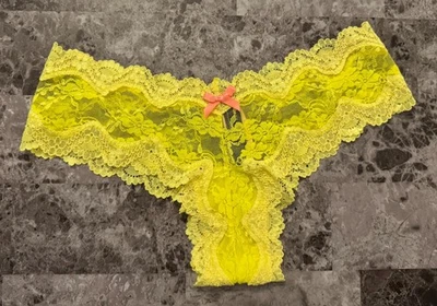 NWT VICTORIA'S SECRET XS NEON YELLOW FLORAL LACE PINK BOW RARE CHEEKY PANTIES - Image 1 of 3