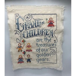 Vintage Grandchildren Treasures Handcrafted Cross Stitch Linen Wall Hanging Art - Picture 1 of 2