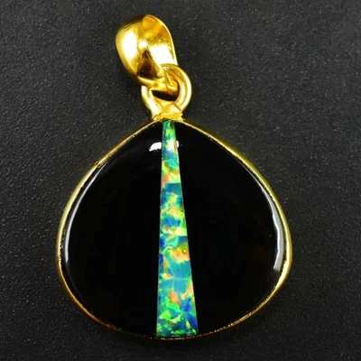 925 Sterling Silber 18k vergoldet natürlicher Feueropal Anhänger 32 mm - Bild 1 von 4