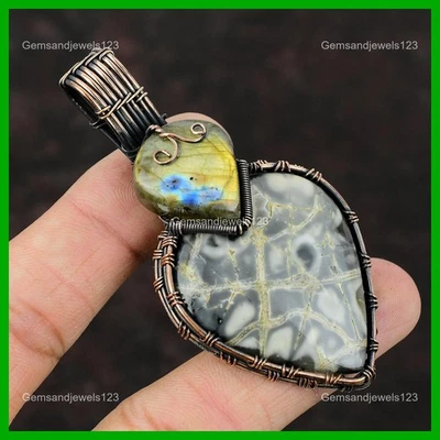 Oferta de Halloween Picasso Jaspe Piedras Preciosas Labradorita Alambre Envuelto Colgante Cobre Foto 1 de 4