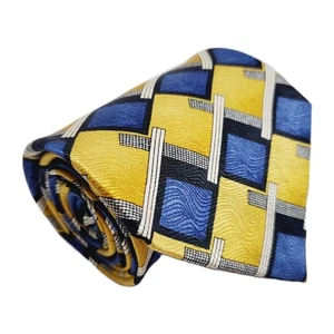 Corbata de seda italiana DeSantis dorada y azul con patrón geométrico para hombre 58x4" - Imagen 1 de 5