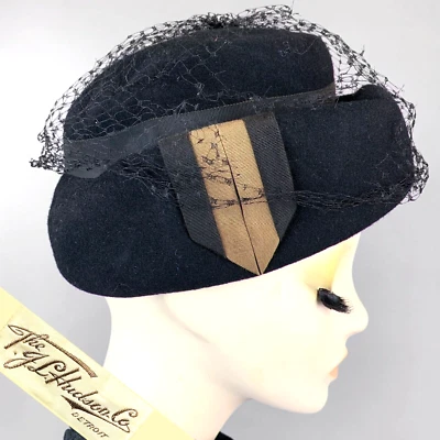 Vintage 20s Hat JL Hudson SALE Black Tan Fur Felt Ritz Hat Net Veil Cloche 30s - Image 1 of 4