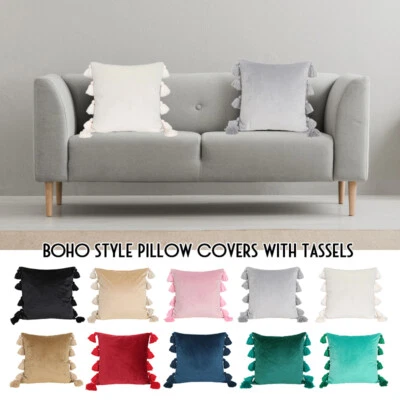 Fundas de almohada estilo boho con borlas de terciopelo para sofá decoración del hogar Foto 1 de 4