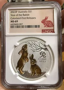 NGC MS69 Australia 2023 Rabbit year colored silver coin 1oz with COA ,Perth Mint - Picture 1 of 5