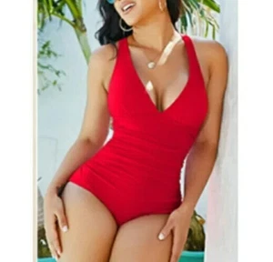J. Crew Ruched One Piece Swimsuit Size 22 Red Plunging V-Neck Lined Sexy Beach - Picture 1 of 10
