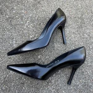 Stuart Weitzman Plunge Pumps Womens 9.5 B Black Leather Stiletto High Heel Shoes - Picture 1 of 10