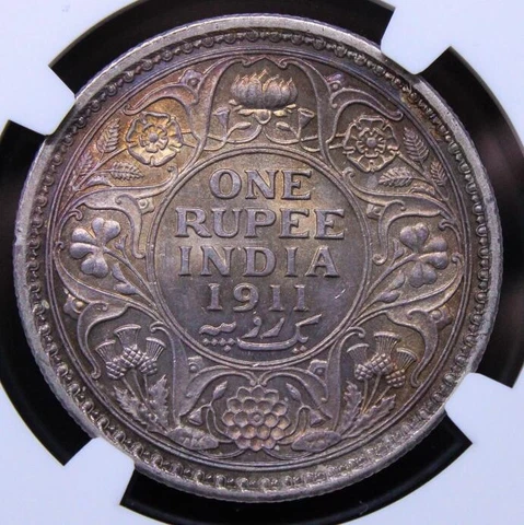 1911 C British India One Rupee. Rare “Pig” type Rupee. NGC MS62. Super Toned Cover