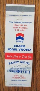 VERONA STANDARD GAS STATION MATCHBOOK MATCHCOVER: BAILEY MOTEL (MISSISSIPPI) E22 - Picture 1 of 2