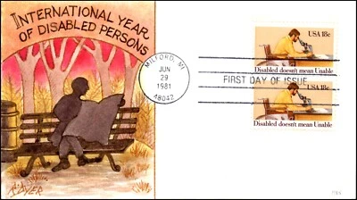 Scott 1925 18 Cents Disabled Persons Ralph Dyer Hand Painted FDC - Image 1 of 2