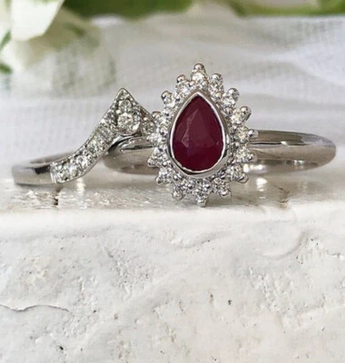 Art Deco Style 3.30Ct Pear Cut Created Red Ruby Ring Set 14K White Gold Finish - Image 1 of 4