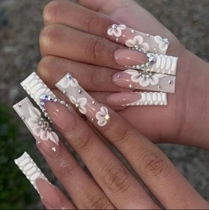 24 Stck. L Sarg weiß rosa Blume Strass gefälschter Nagel falscher Pressen auf Nagelkleber - Bild 1 von 9