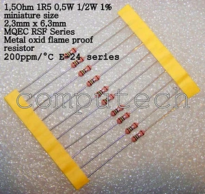 10 pezzi 1,5 Ohm 0,5W Resistenze antifiamma a ossido in miniatura 1,5 Ohm 1/2W  - Foto 1 di 1