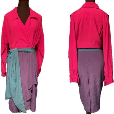 Vestido envolvente retro vintage años 80 Leslie Fay Petites rosa verde azulado púrpura bloque de color Foto 1 de 3