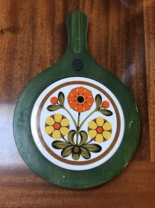 Vintage Wood & Ceramic Tile Trivet Flowers JAPAN 60's 70's - Picture 1 of 4
