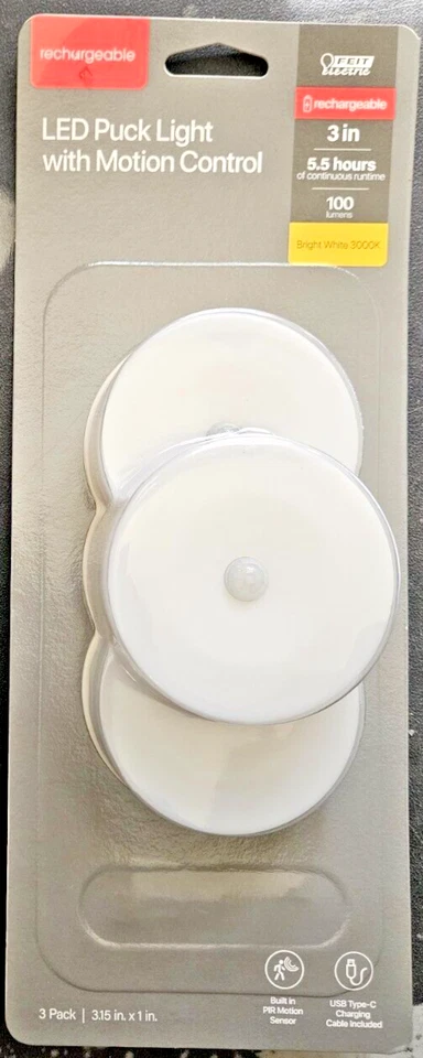 Feit Electric 3" Battery Operated LED White Motion Sensor Rechargeable 3 Pack - Image 1 of 2