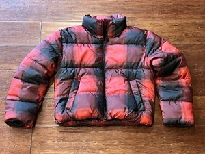 Old Navy Black Red Buffalo Plaid Check Girls Medium 8 Cropped Puffer Jacket Coat - Picture 1 of 11