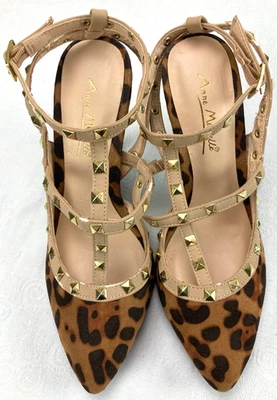 Ann Michelle Leopard Closed Toe High Heels Gold Tone Studded Straps Size 6 - Image 1 of 4