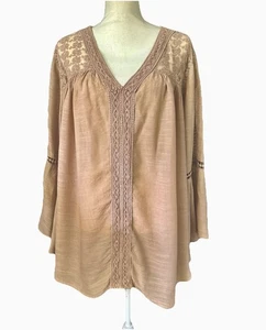John Paul Richard Women’s Top Sz 3X Beige Crochet Lace Boho Peasant Bell Sleeves - Picture 1 of 15
