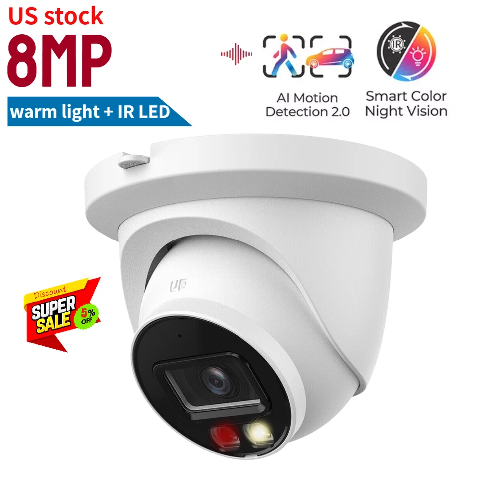 US stock 4K 8MP IP Camera Full time c olor+I R Human Car Detection Audio - Image 1 of 1
