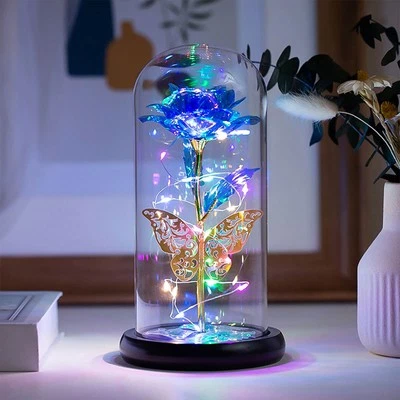 Pretty LED Light Up Flowers in Glass Dome, Rose with Fluttering Butterflies Gift