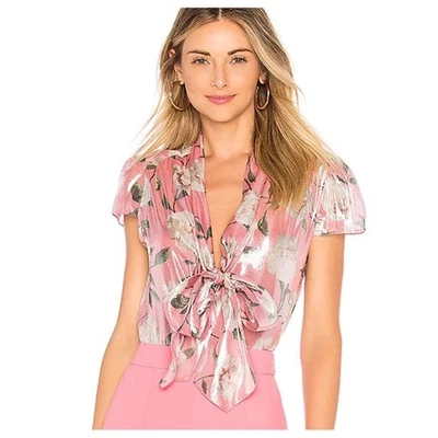 ALICE + OLIVIA Jeannie Bow Collar Silk Blend Top Size Small Pink Peony Revolve - Image 1 of 4