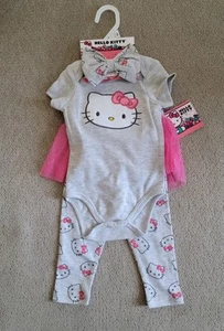 HELLO KITTY Sanrio Infant Girls 3-Piece Bodysuit, Pants & Headband Bow Set 12M - Picture 1 of 5