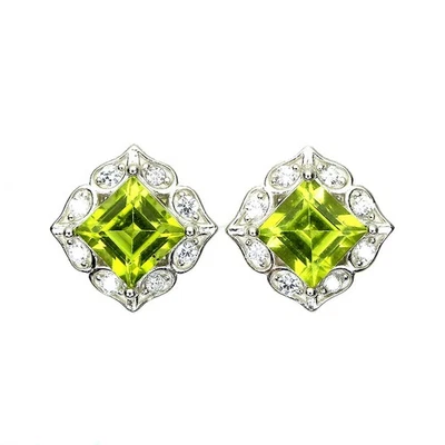 925 Sterling Silver Square Peridot Earrings 6mm Simulated Gemstone CZ Jewelry - Image 1 of 4