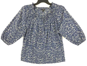 Talbots Bluse Gr. M Ikat Print blau creme Bauern U-Boot Ausschnitt Puffärmel Boho - Bild 1 von 17