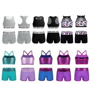 Girls Ballet Dance Athletic Outfit Tanks Crop Top Bottoms Set Swimming Costume