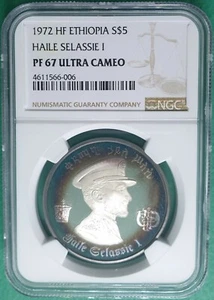 1972 HF ETHIOPIA SILVER $5 HAILE SELASSIE I NGC PF67 ULTRA CAMEO BEAUTIFUL TONED - Picture 1 of 3