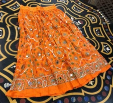 Women's Orange Long Skirt Sequin Work Paisley Design A-Line Gypsy Skirts 
