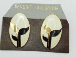 Off White Cloisonné Black an Gold Tone Pierced Earrings - Picture 1 of 3