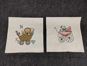 Teddy Bear Needlepoint Set Unframed Completed Carriage Birds Nursery 2 Pc - Picture 1 of 9