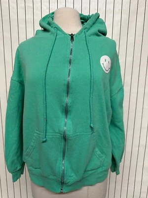 Moletom com capuz Havana vintage com zíper completo feminino verde forrado de lã cordão tamanho P - Imagem 1 de 4