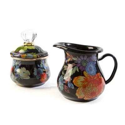 MACKENZIE-CHILDS MACKENZIE CHILDS FLOWER MARKET BLACK LIDDED SUGAR BOWL & CREAMER SET