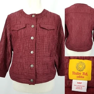 Ruby Rd Womens 14P 14 Petite Textured Maroon Button Up Cropped Blazer Jacket Top - Picture 1 of 8
