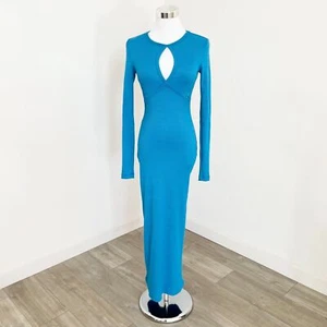Kookai Georgia Midi Dress Cut Out Long Sleeve Bodycon Diva Blue Marble Sz 0 New - Picture 1 of 10