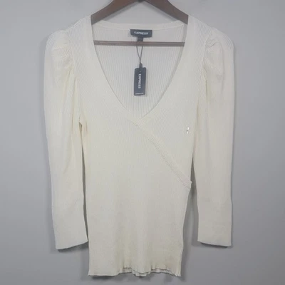 Nuevo con etiquetas Suéter Express M Mujeres Imitación Envoltura Acanalada Tejido Top Manga 3/4 Elastizado Crema Foto 1 de 4