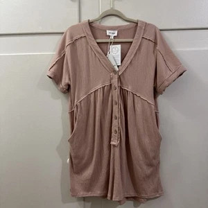 New Women’s Pink Button Down Oversized Dressy Romper With Pockets Size Small - Picture 1 of 9