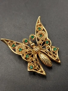 14k Yellow Gold Emerald Butterfly Brooch 9.9g (GJ999) - Picture 1 of 7