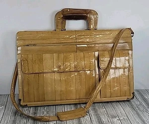 Vintage Eel Skin Leather Briefcase Bag Laptop Attache Tote Tan Shoulder Strap - Picture 1 of 11