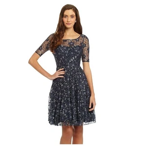 Vestido Betsey Johnson Azul Marino Encaje Metálico Floral Ajuste y Acampanado Talla 8 - Imagen 1 de 13