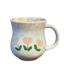Vintage 90’s Handcrafted Pottery Mug Pink Tulips Speckled Glaze Signed Karen 8oz - Picture 1 of 9