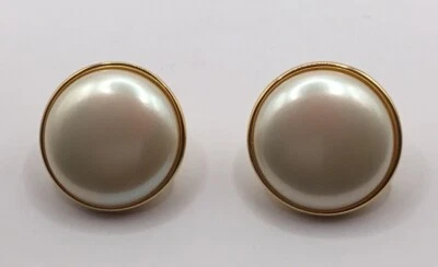 Vintage Designer Large Marvella 1.1” Round Pearl Gold Tone Clip on Earrings - Image 1 of 4