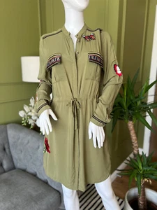 DESIGUAL Dress Khaki Green Button Front Butterfly Floral Patches EU 40 UK 14 - Picture 1 of 9