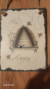 Bee Hive BEE HAPPY FAUX SLATE HANGING SIGN PLAQUE 8 X6 - Picture 1 of 8