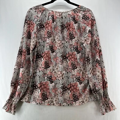 Simple Fun Top Womens Sz S Peasant Blouse Floral Tie Neck Long Sleeve Brown/Pink - Изображение 1 из 4